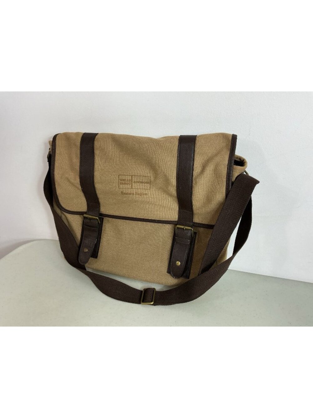 Wells Fargo Tan Canvas Brown Leather Messenger Bag Utility Crossbody